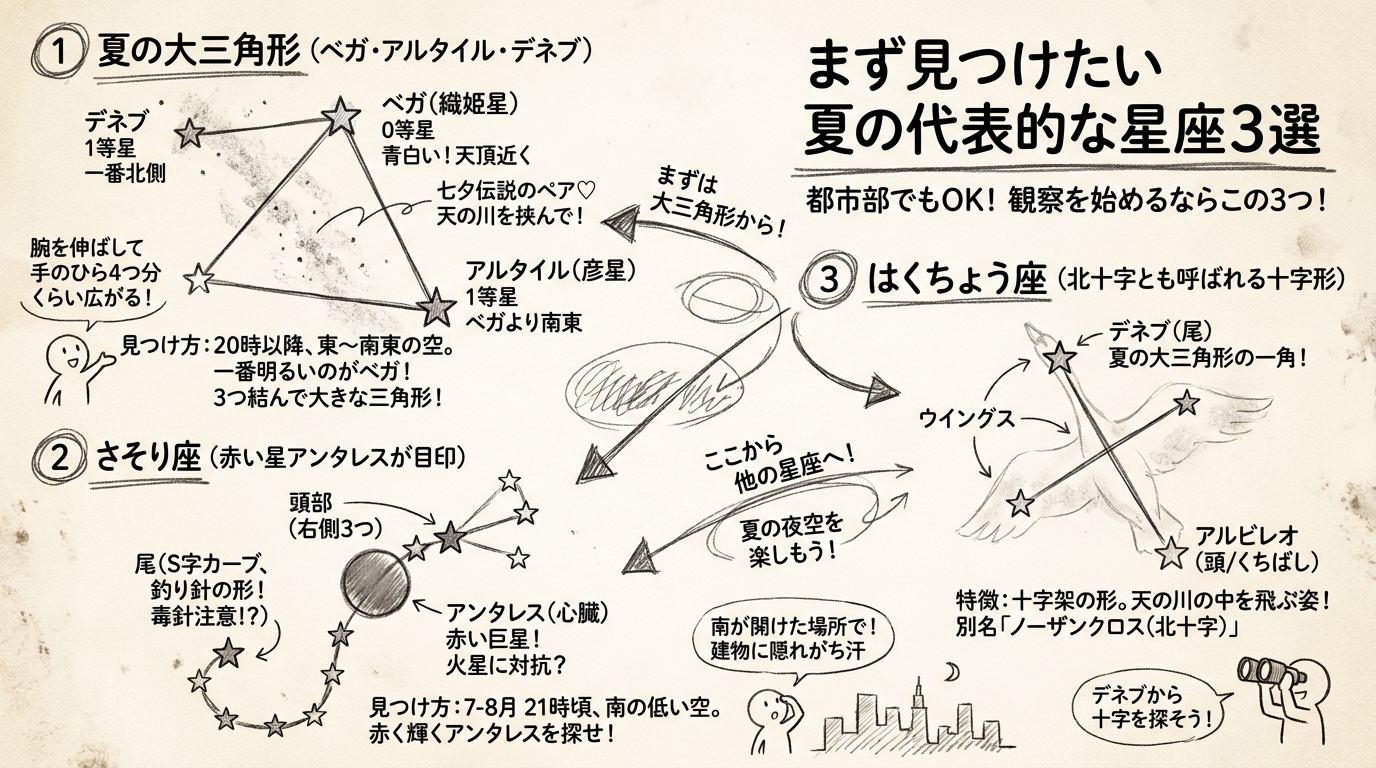 まず見つけたい夏の代表的な星座3選の図解