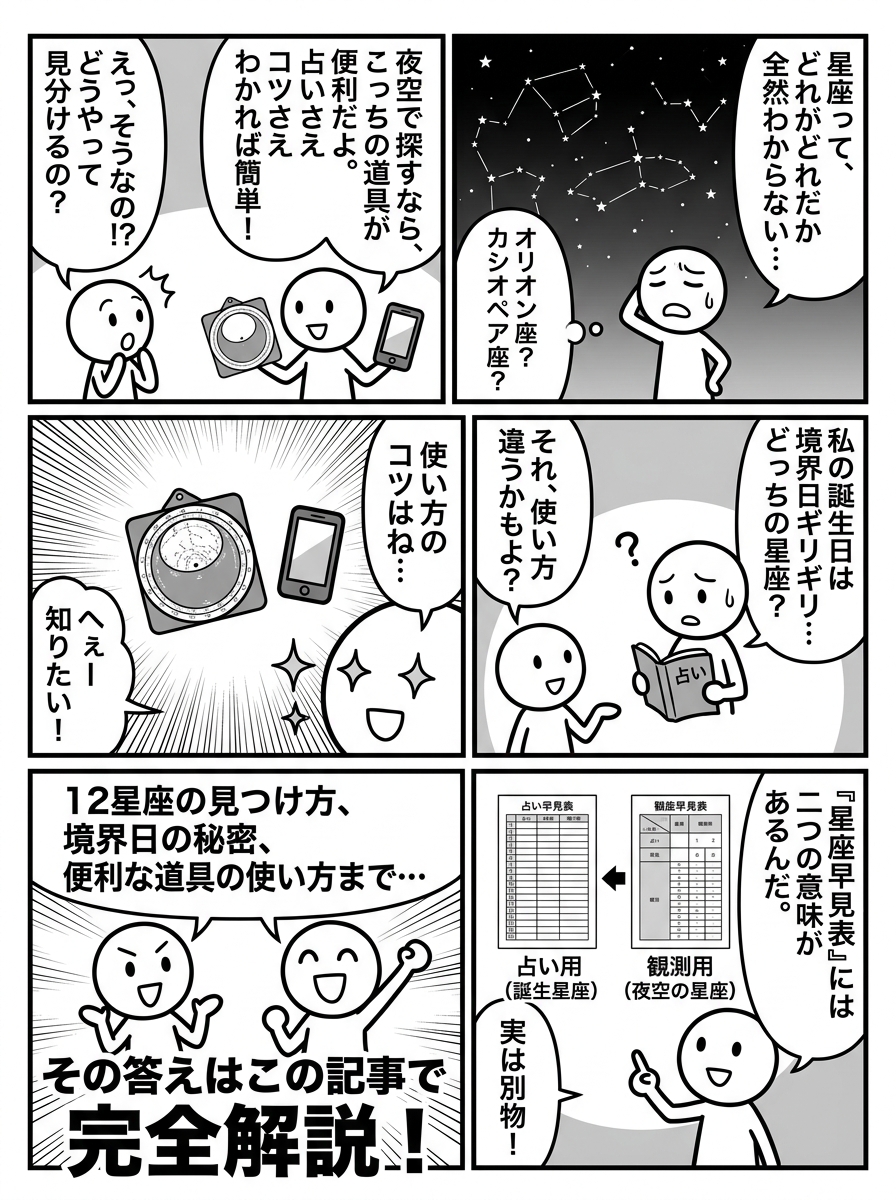星座早見表完全ガイド|誕生日から今すぐわかる12星座一覧と夜空の見つけ方の導入マンガ