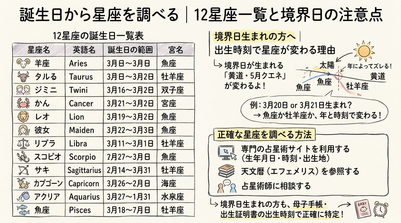 誕生日から星座を調べる|12星座一覧と境界日の注意点の図解