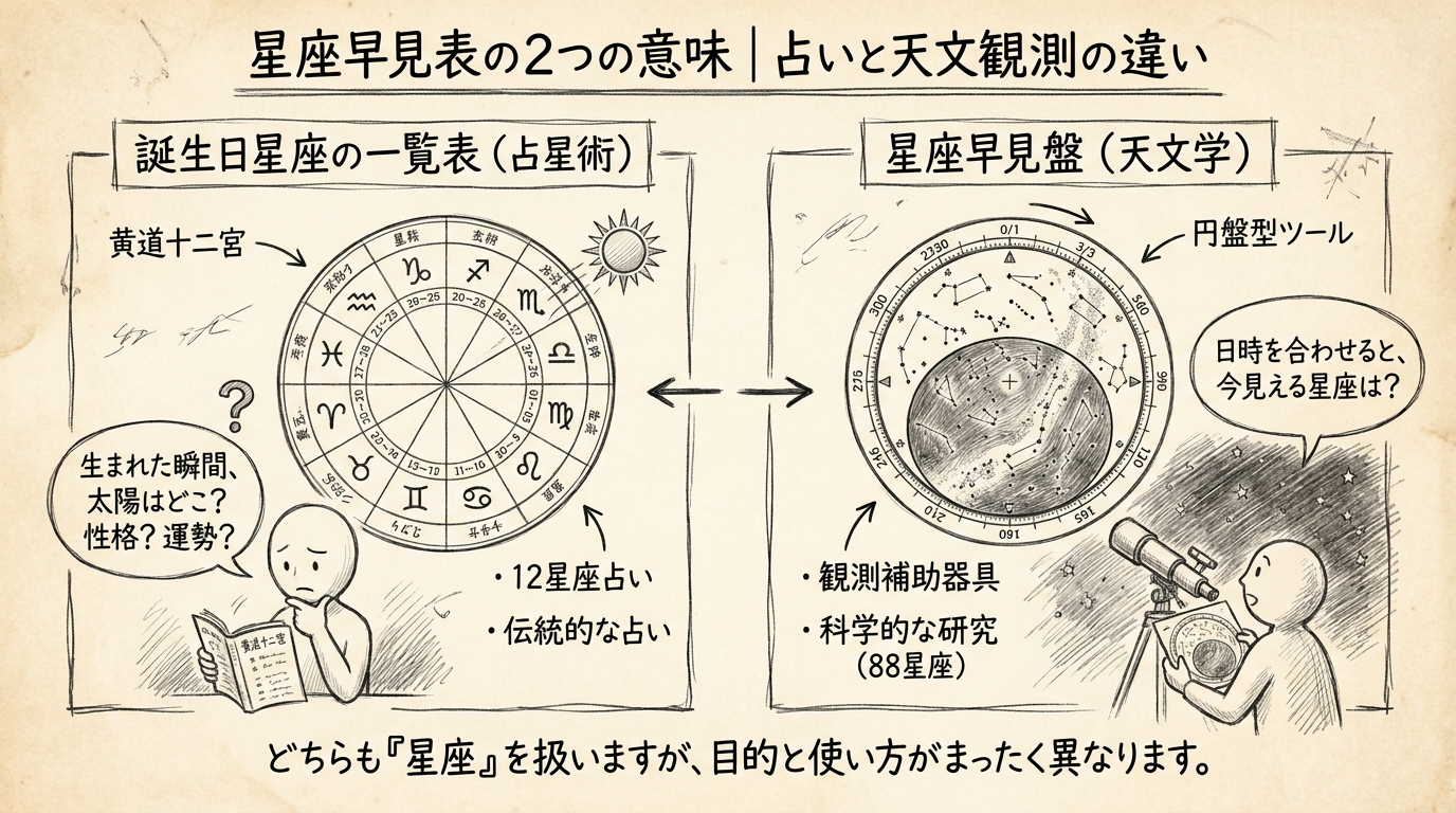 星座早見表の2つの意味|占いと天文観測の違いの図解