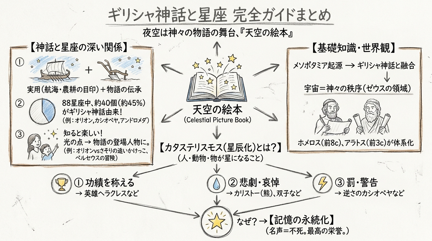 ギリシャ神話と星座:夜空に輝く神々の物語を完全ガイドのまとめ図解