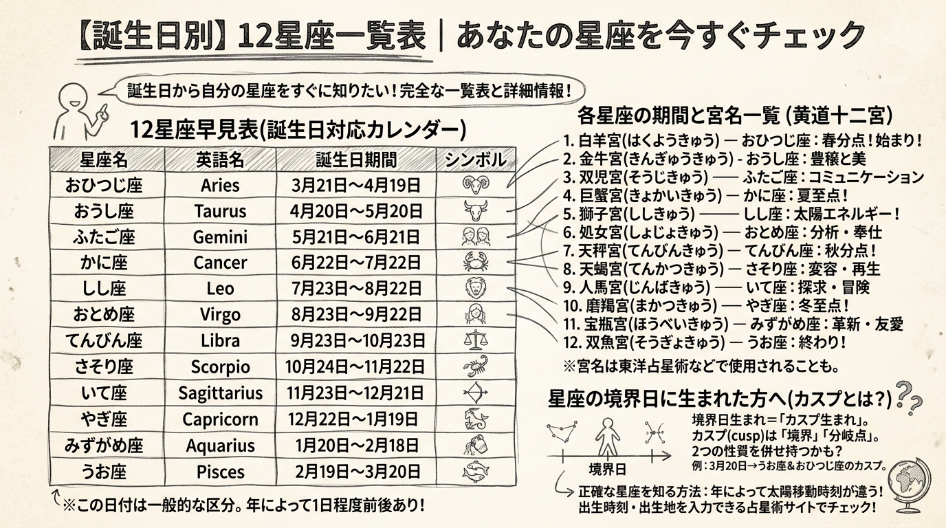 【誕生日別】12星座一覧表|あなたの星座を今すぐチェックの図解