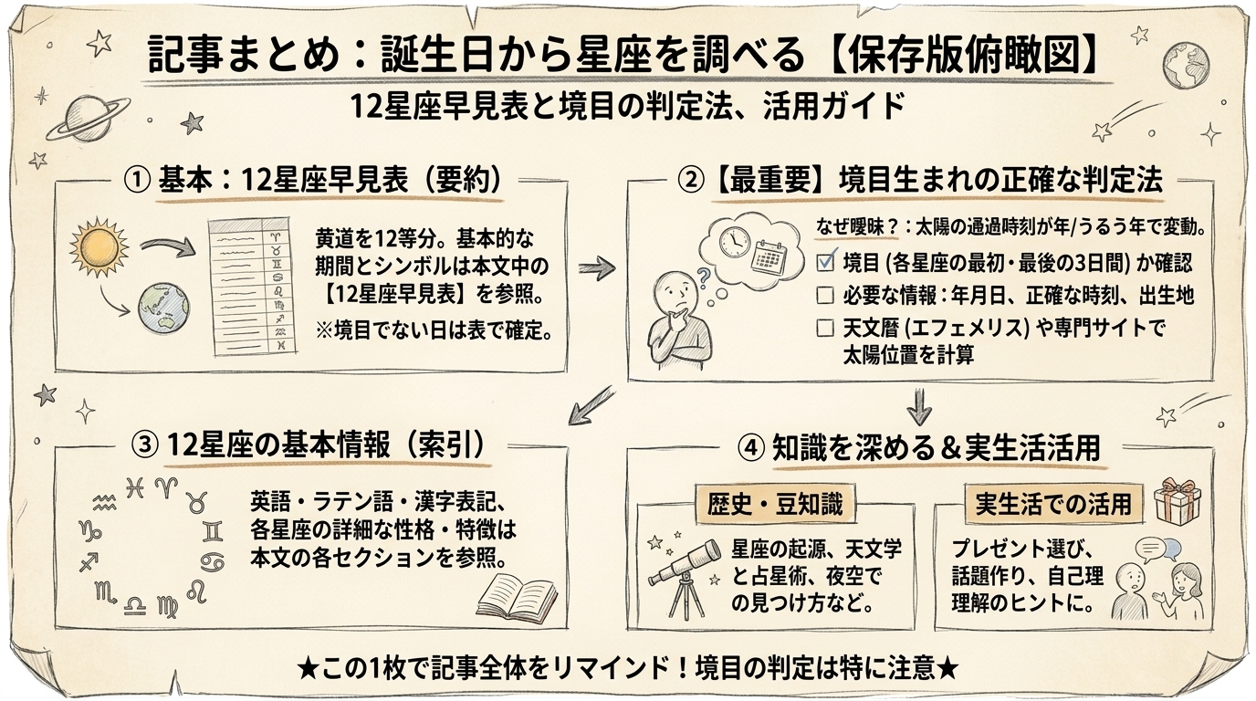 誕生日から星座を調べる|12星座早見表と境目の判定法のまとめ図解