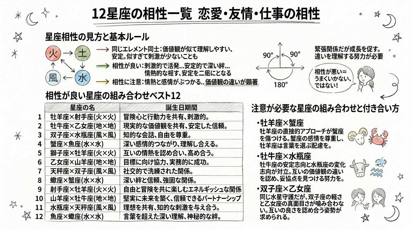 12星座の相性一覧|恋愛・友情・仕事の相性の図解