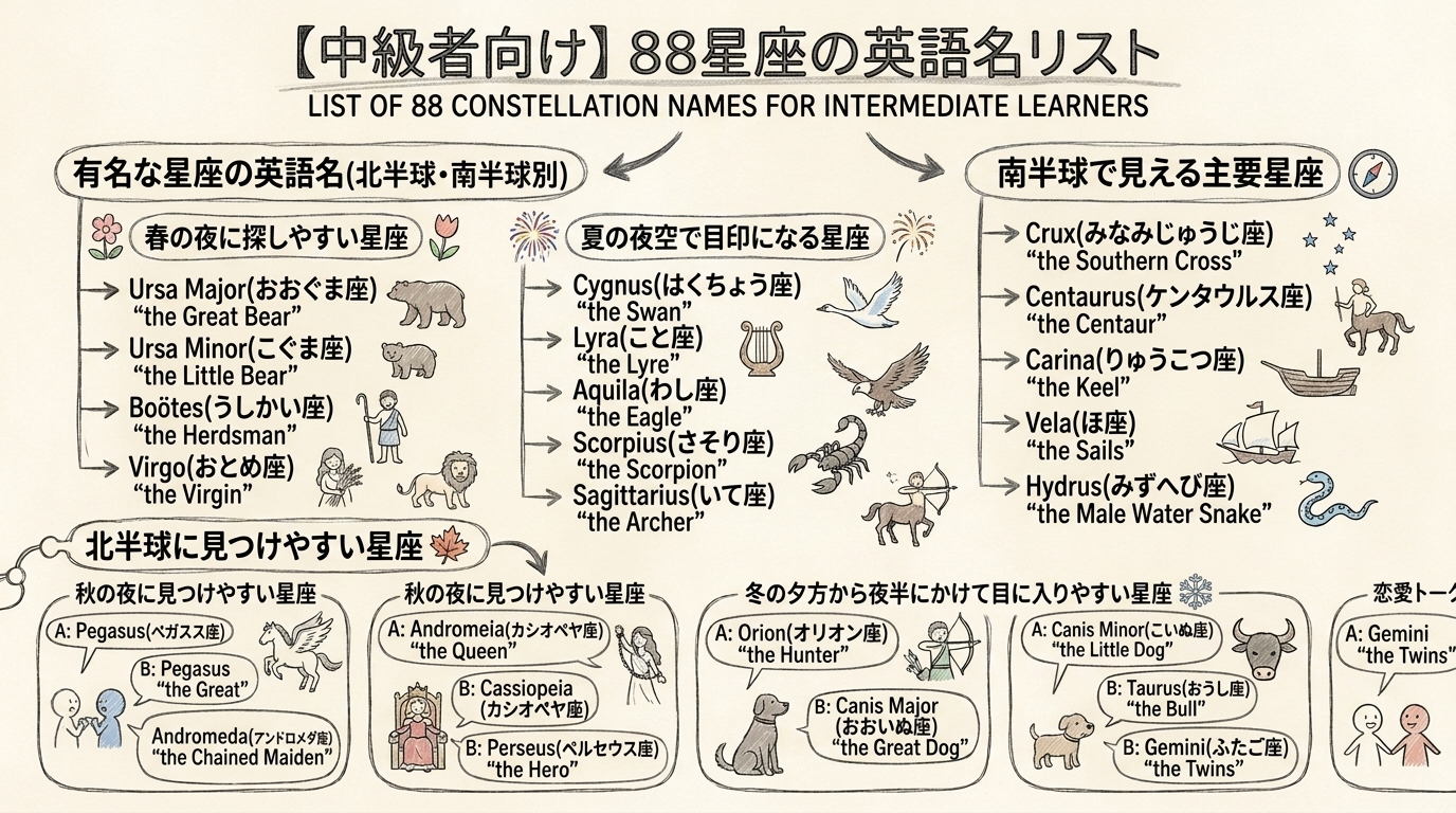 【中級者向け】88星座の英語名リストの図解