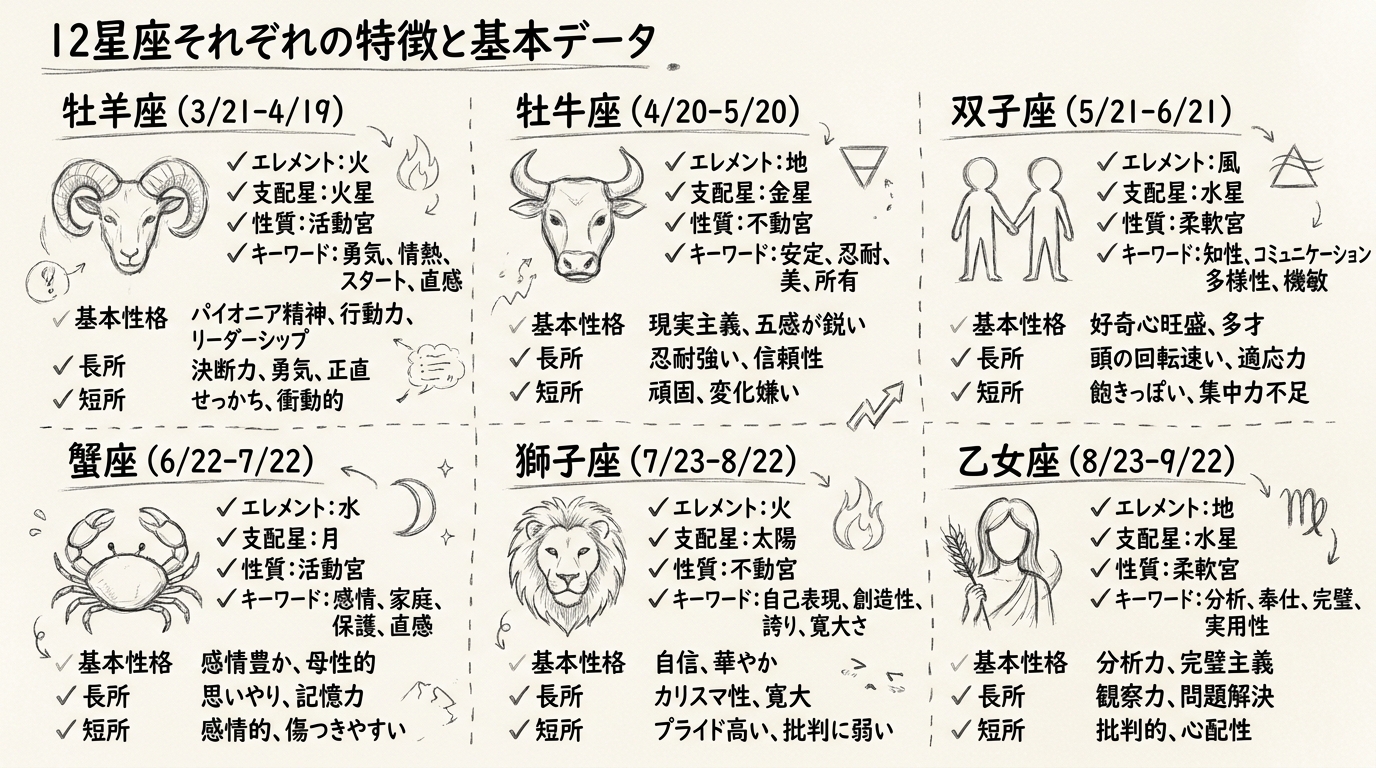 12星座それぞれの特徴と基本データの図解