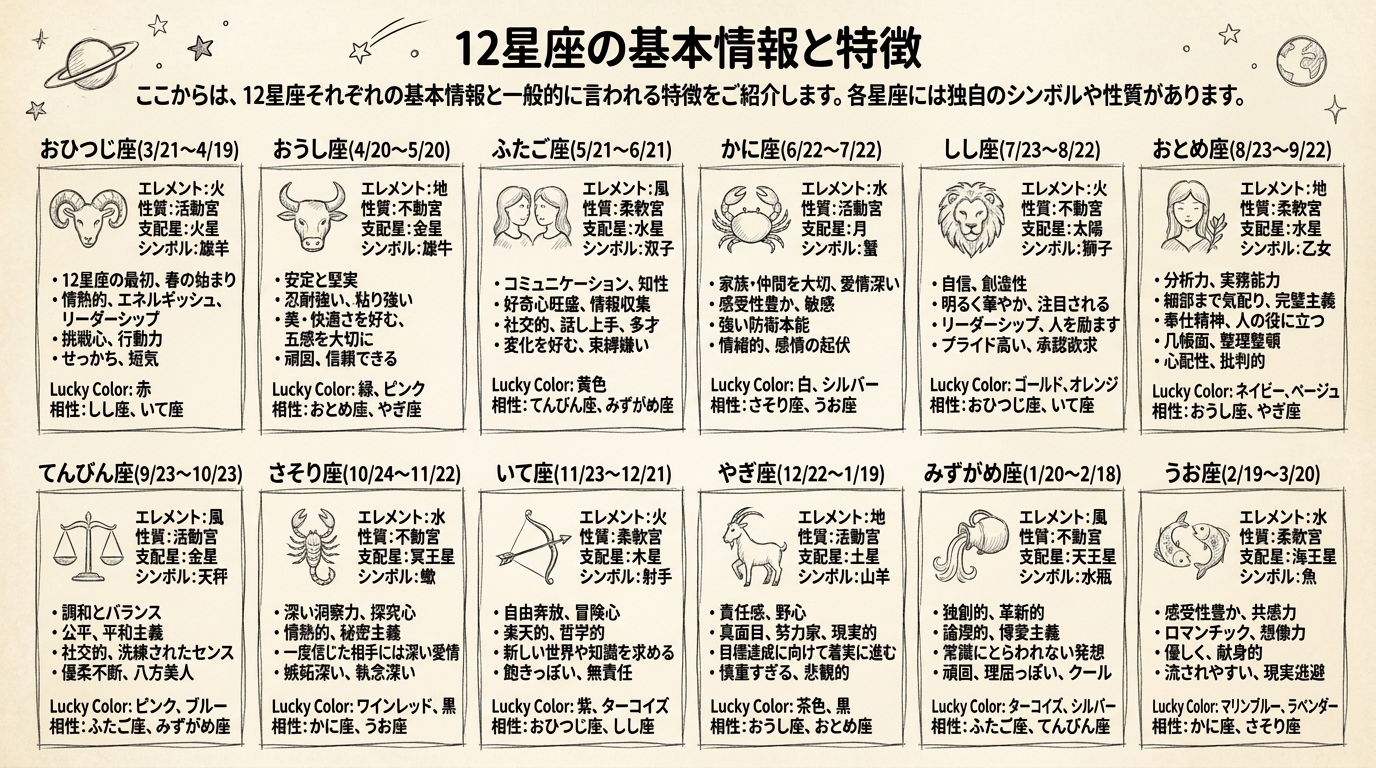 12星座の基本情報と特徴の図解