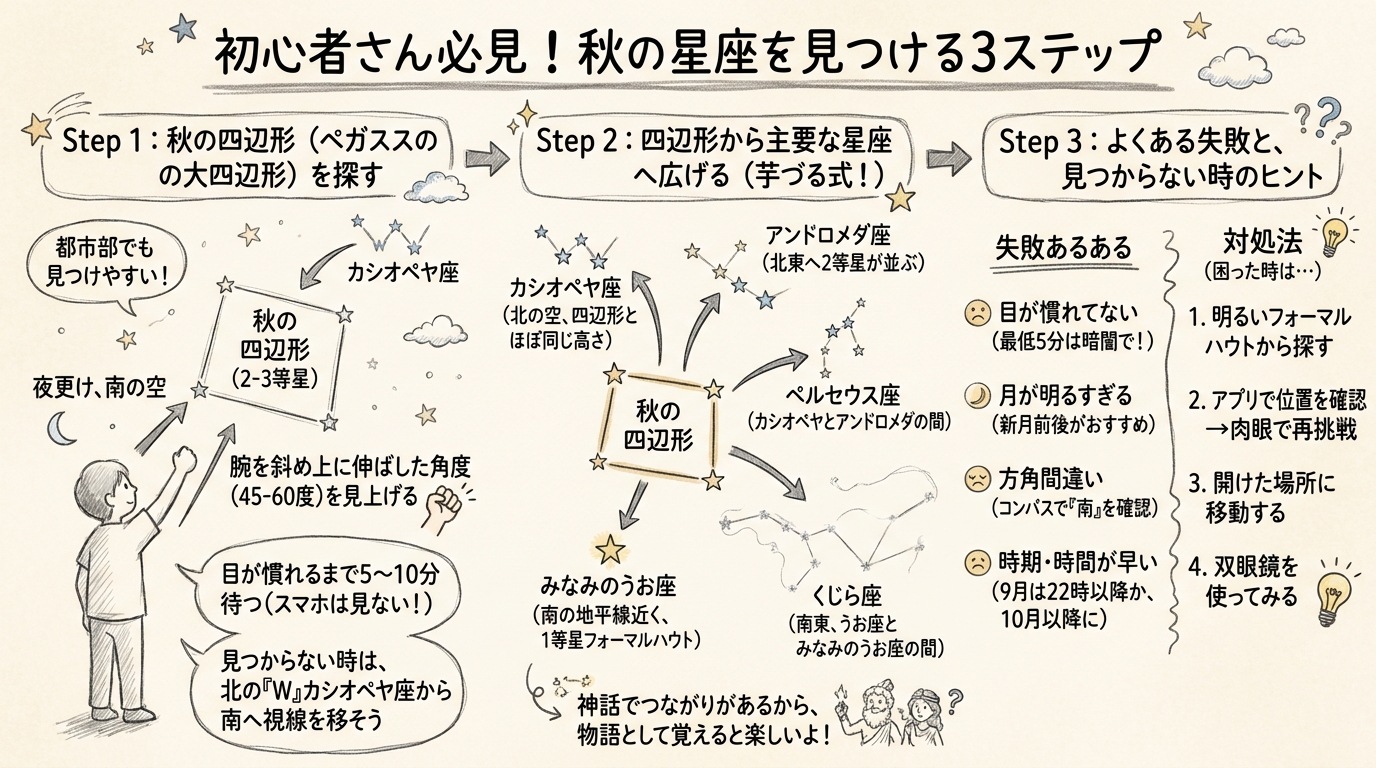 初心者必見!秋の星座の見つけ方【3ステップ】の図解