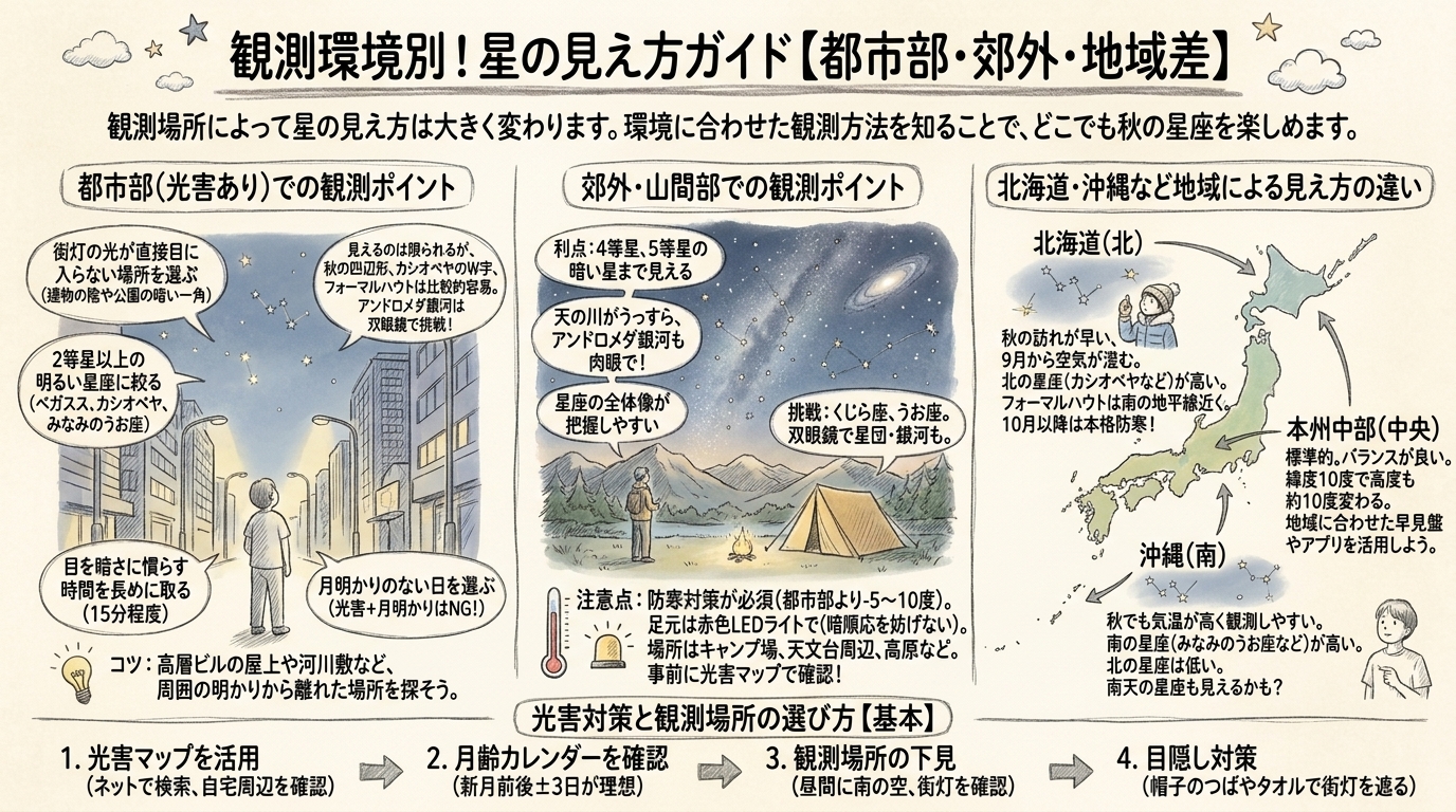 観測環境別の見え方ガイド【都市部・郊外・地域差】の図解