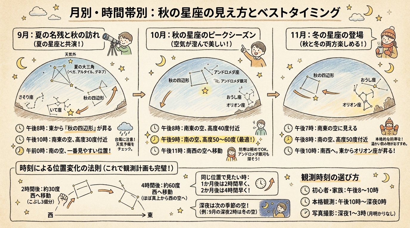 月別・時間帯別の星座の見え方の図解