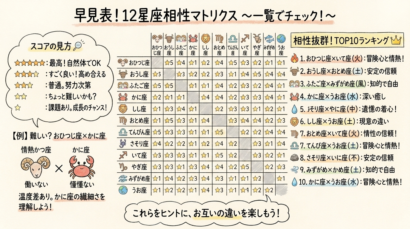 【早見表】12星座×12星座の相性一覧マトリクスの図解