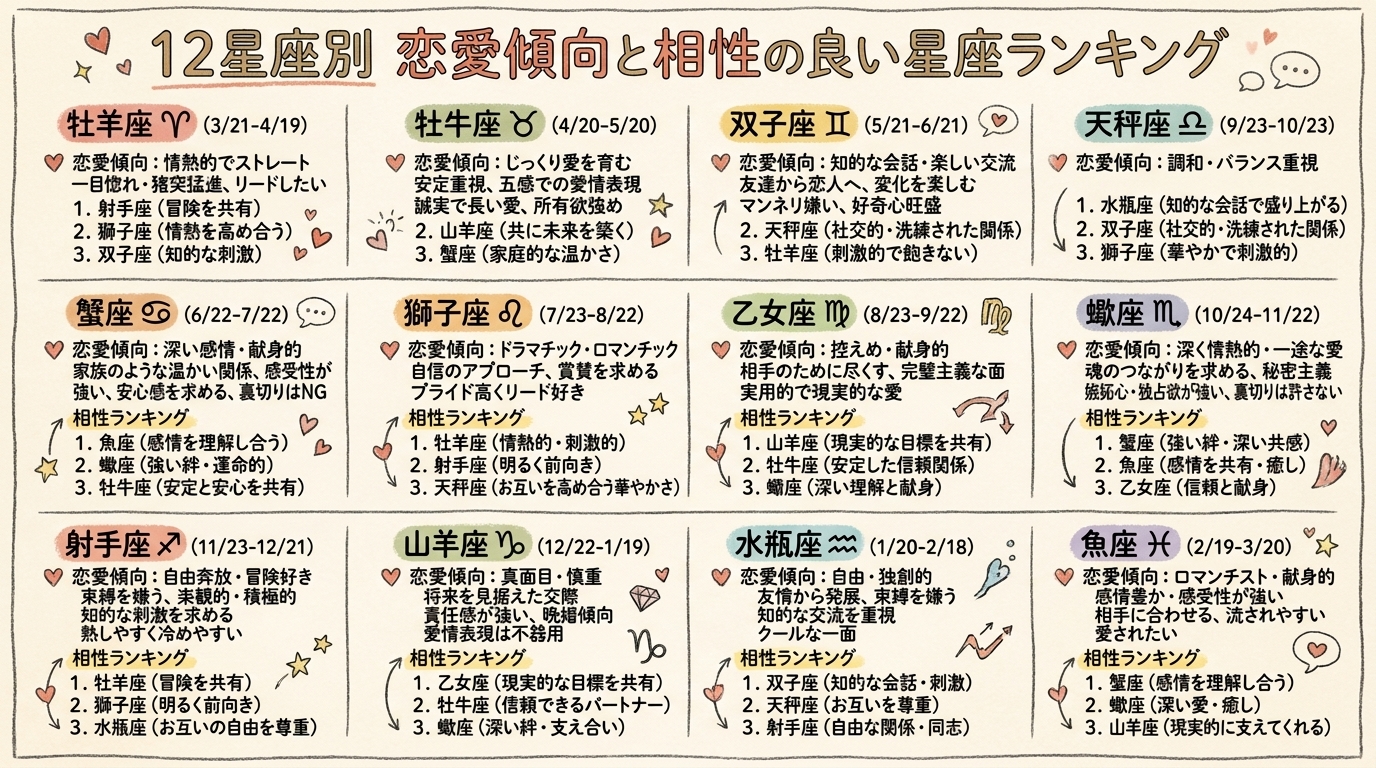 星座別の恋愛傾向と相性の良い星座ランキングの図解