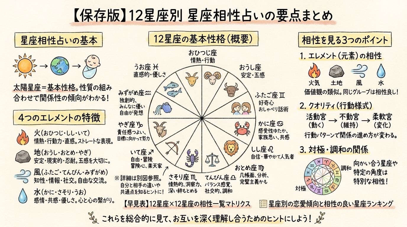 【12星座別】星座相性占いで恋愛診断!ベストカップルTOP10のまとめ図解