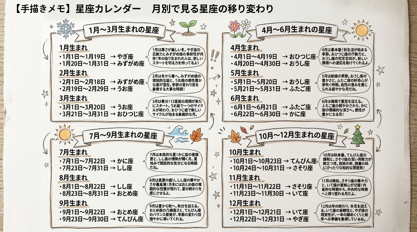 星座カレンダー|月別で見る星座の移り変わりの図解