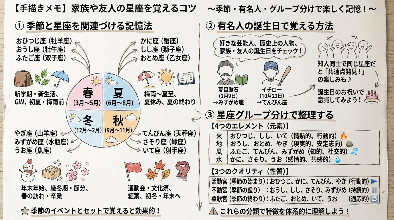 家族や友人の星座を覚えるコツの図解